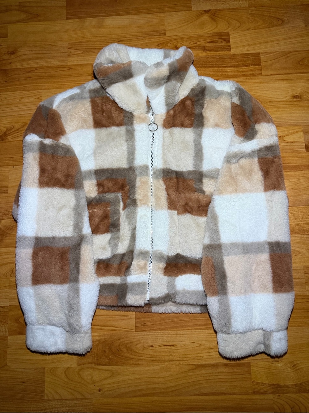 Ci Sono Kids Plush Checkered Zip Jacket - Brown, Beige & White